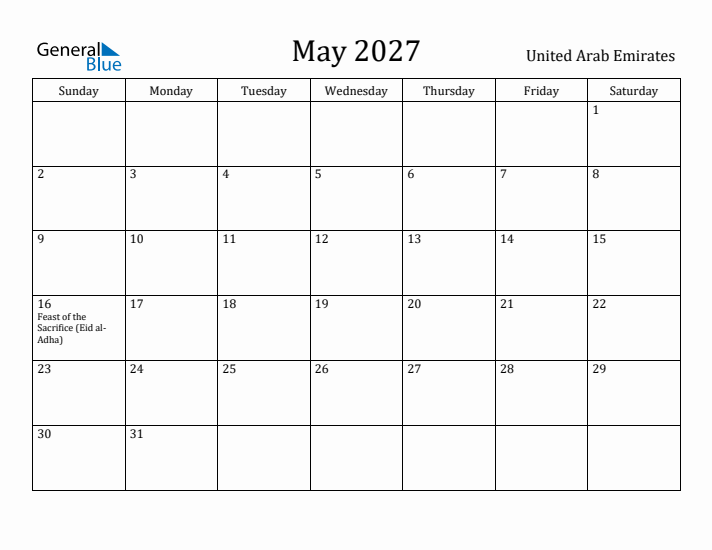 May 2027 Calendar United Arab Emirates