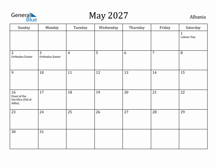 May 2027 Calendar Albania
