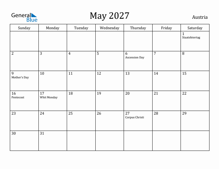 May 2027 Calendar Austria