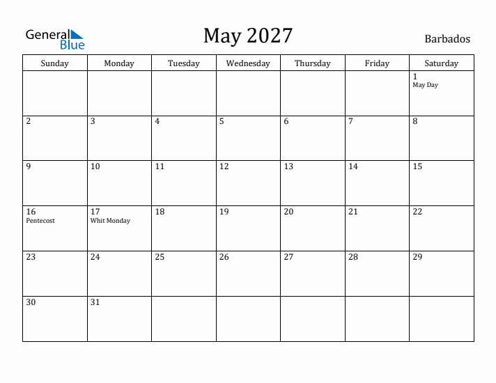 May 2027 Calendar Barbados