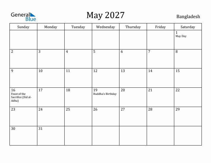 May 2027 Calendar Bangladesh