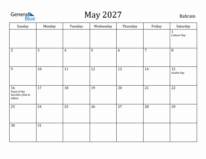 May 2027 Calendar Bahrain