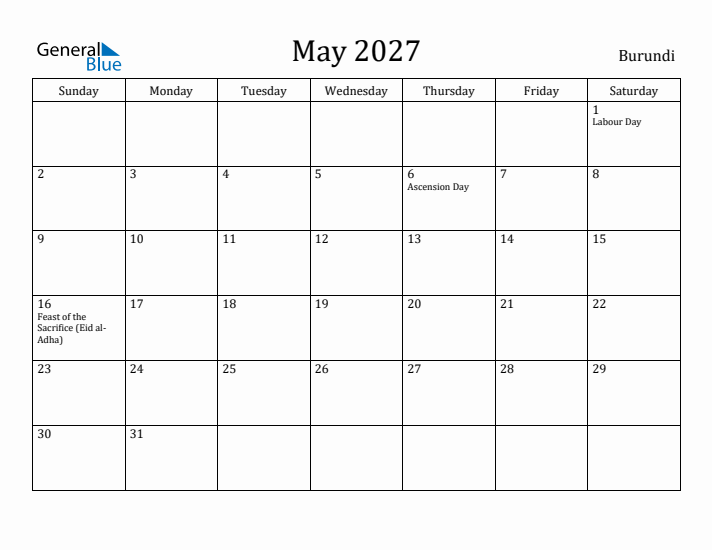 May 2027 Calendar Burundi