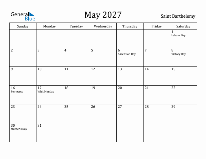 May 2027 Calendar Saint Barthelemy
