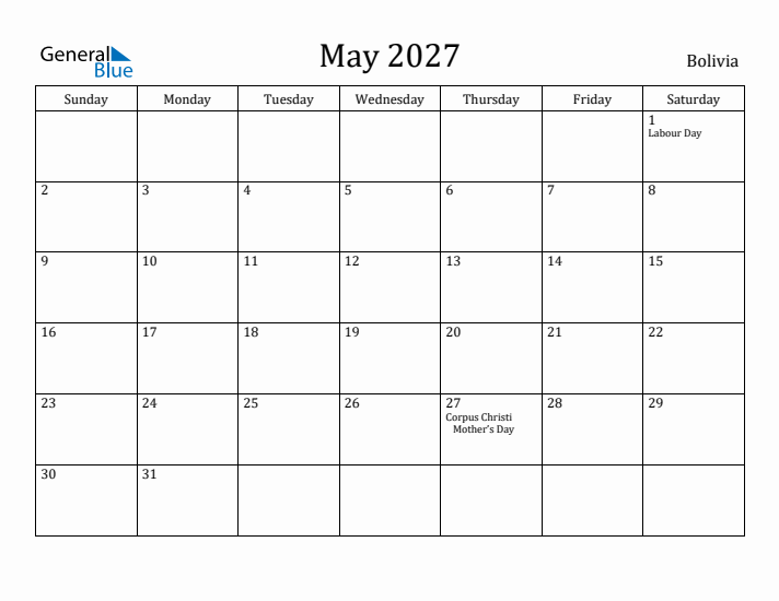 May 2027 Calendar Bolivia