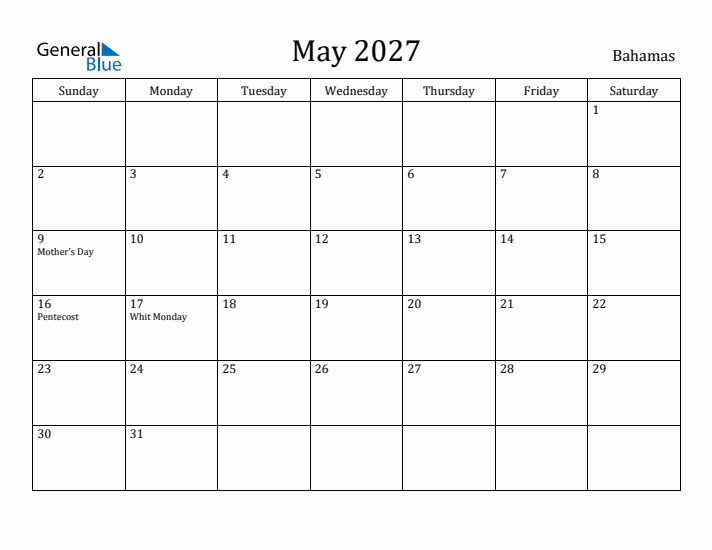 May 2027 Calendar Bahamas