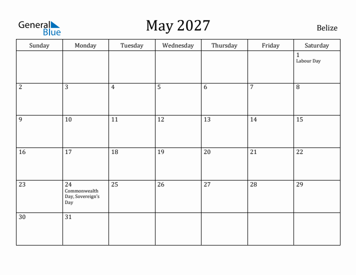 May 2027 Calendar Belize