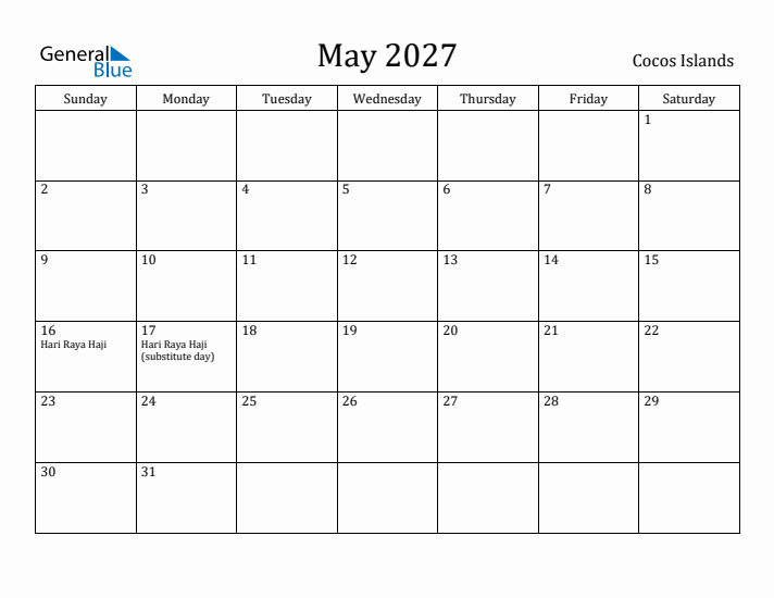 May 2027 Calendar Cocos Islands