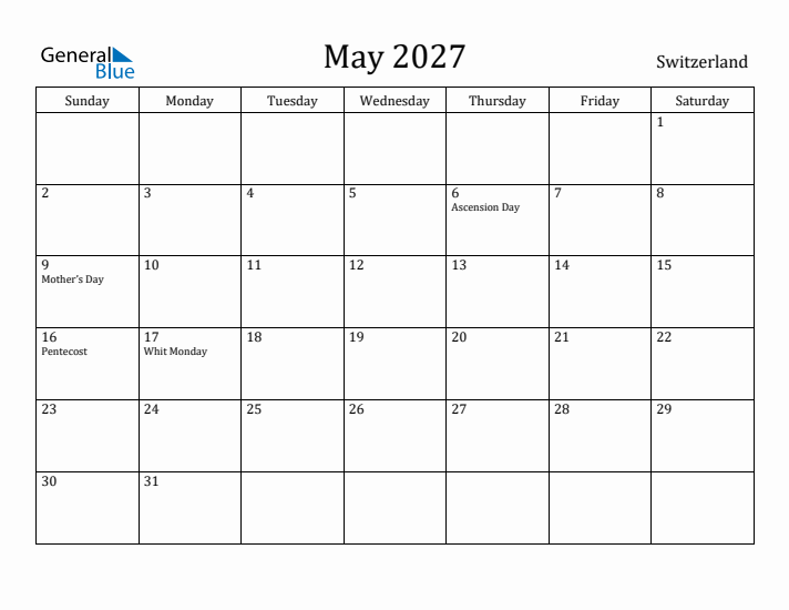 May 2027 Calendar Switzerland