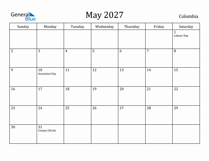 May 2027 Calendar Colombia