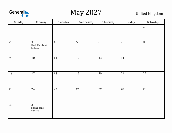 May 2027 Calendar United Kingdom