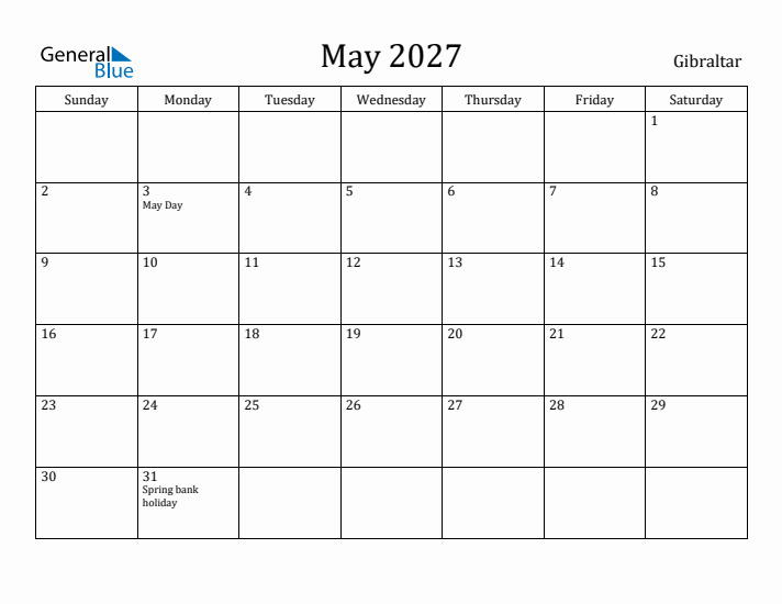May 2027 Calendar Gibraltar