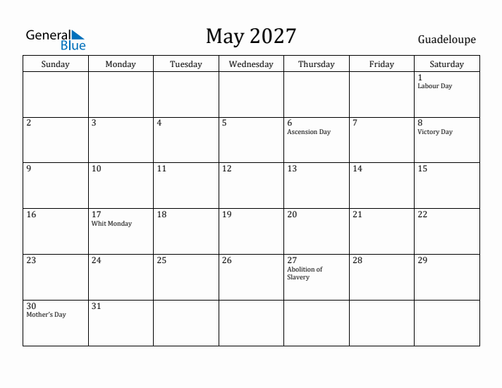 May 2027 Calendar Guadeloupe
