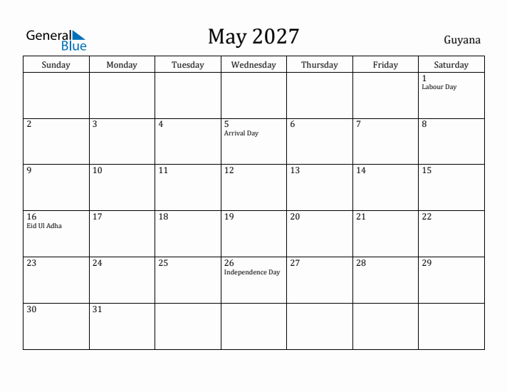 May 2027 Calendar Guyana
