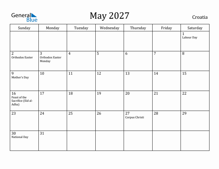 May 2027 Calendar Croatia
