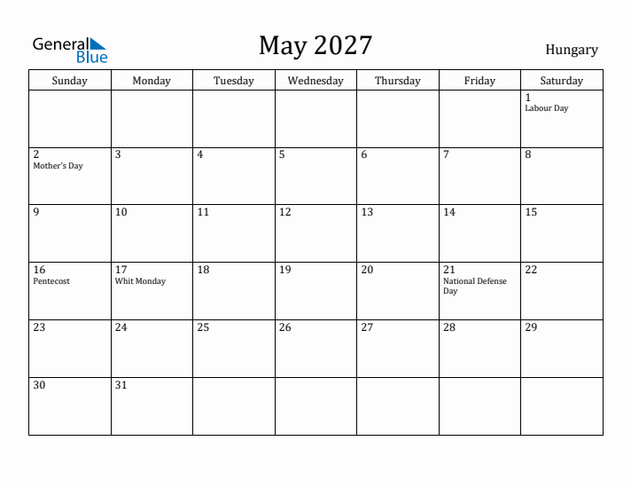 May 2027 Calendar Hungary
