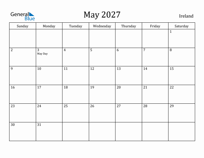 May 2027 Calendar Ireland