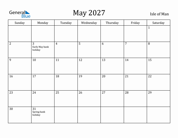 May 2027 Calendar Isle of Man
