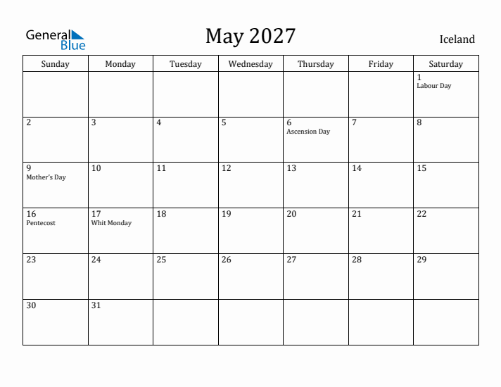 May 2027 Calendar Iceland