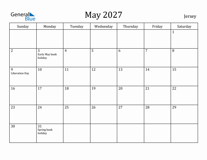 May 2027 Calendar Jersey