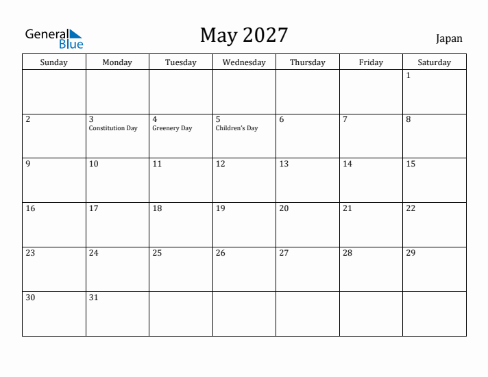 May 2027 Calendar Japan