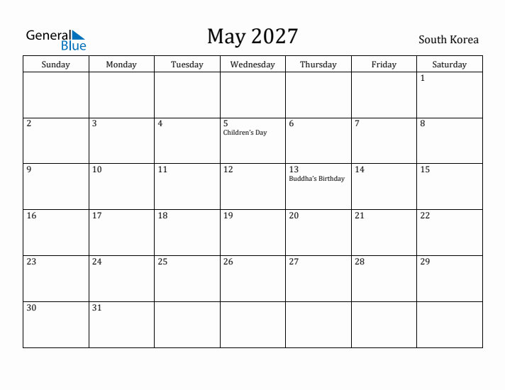 May 2027 Calendar South Korea