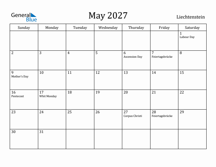 May 2027 Calendar Liechtenstein
