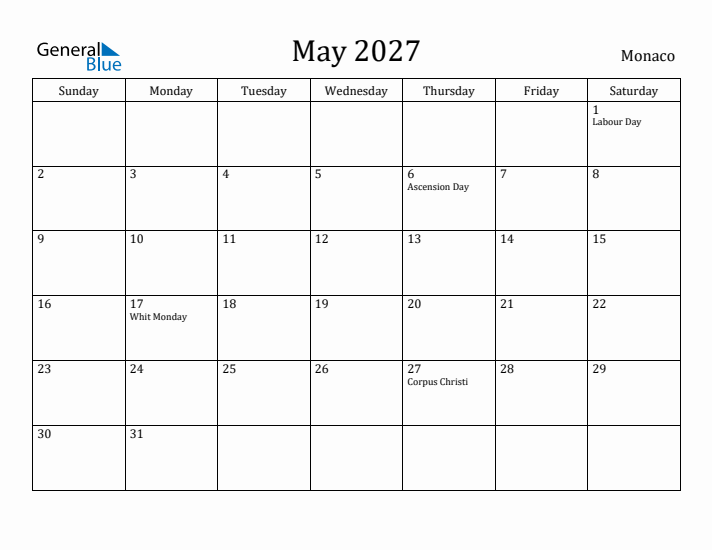 May 2027 Calendar Monaco