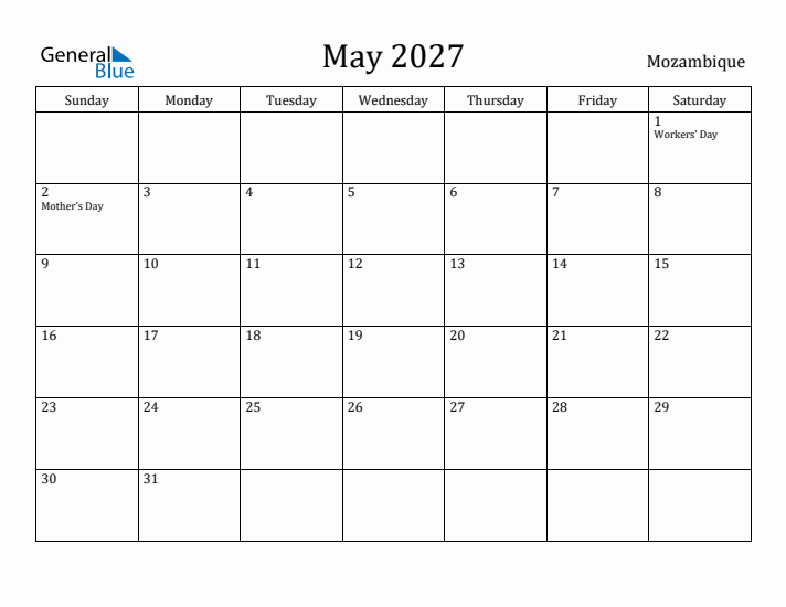 May 2027 Calendar Mozambique