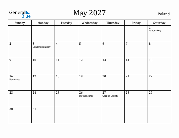 May 2027 Calendar Poland