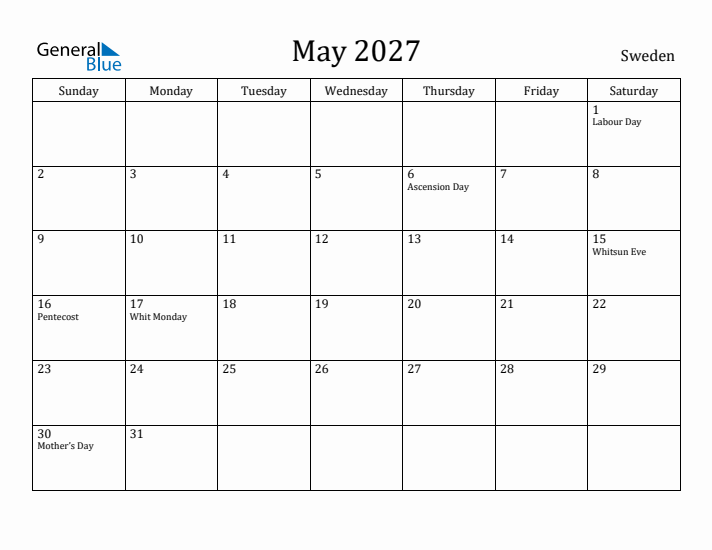May 2027 Calendar Sweden