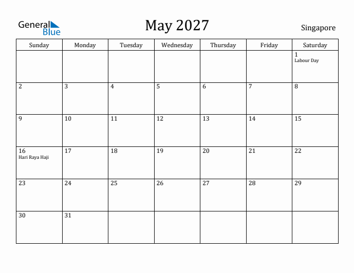 May 2027 Calendar Singapore
