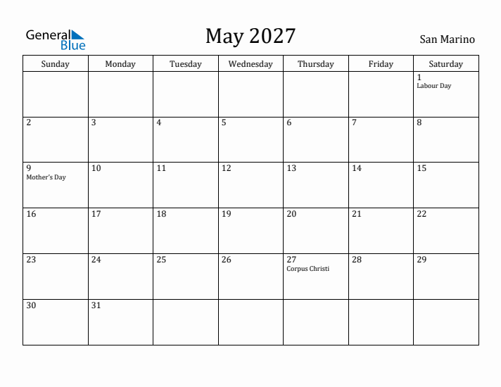 May 2027 Calendar San Marino