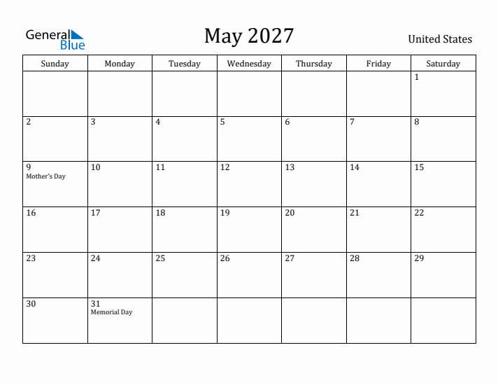 May 2027 Calendar United States
