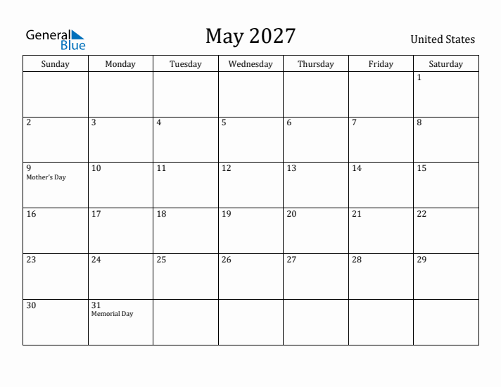 May 2027 Monthly Calendar With United States Holidays