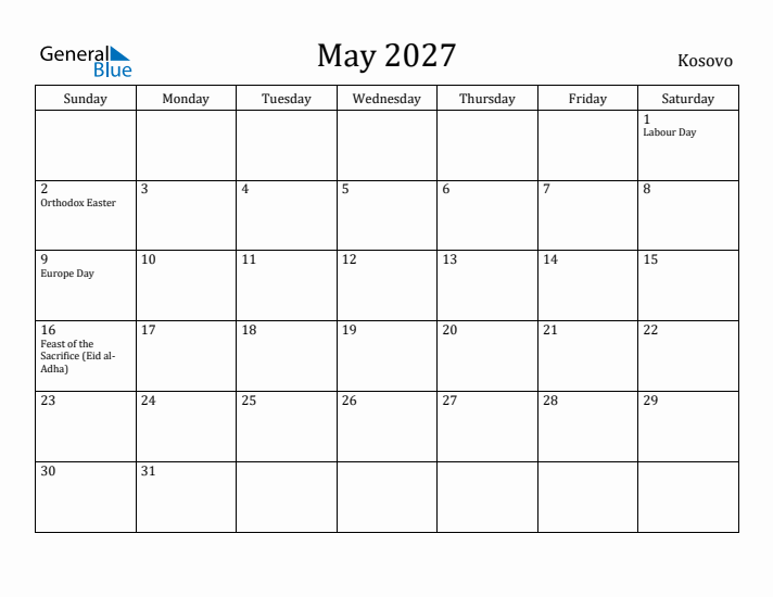 May 2027 Calendar Kosovo