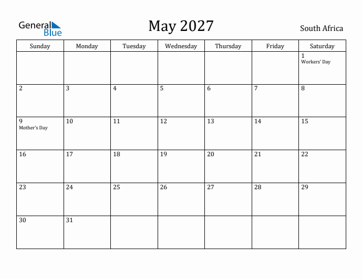 May 2027 Calendar South Africa
