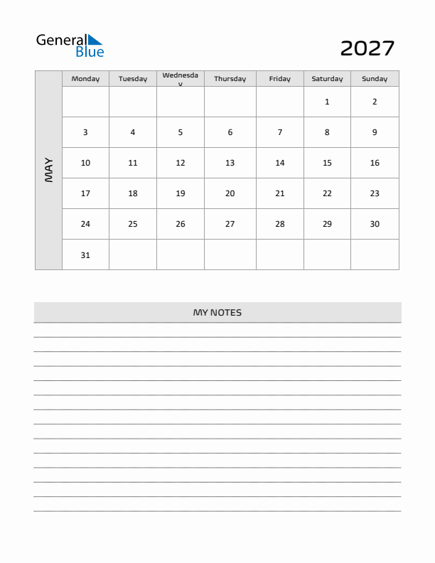 May 2027 Calendar Printable