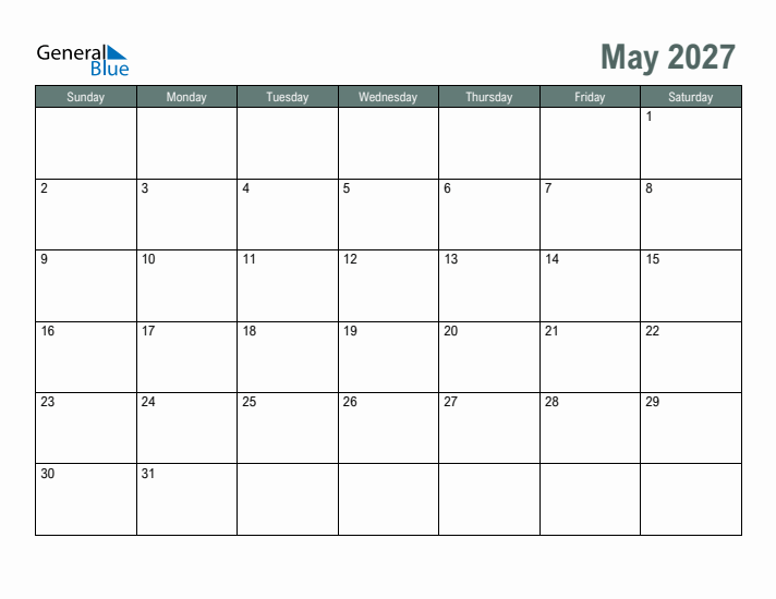 Free Printable May 2027 Calendar