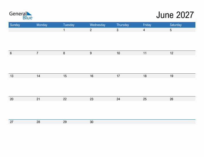 Fillable Calendar for June 2027