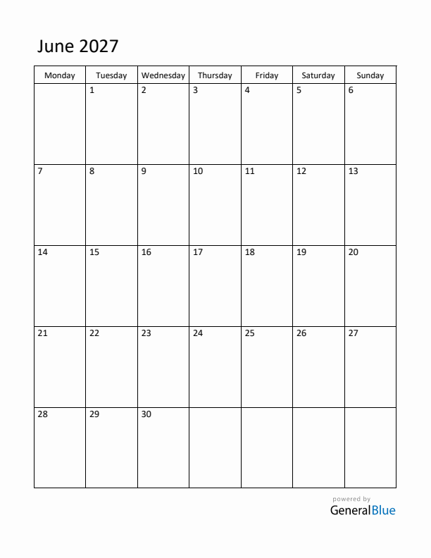 Monday Start Calendar for June 2027