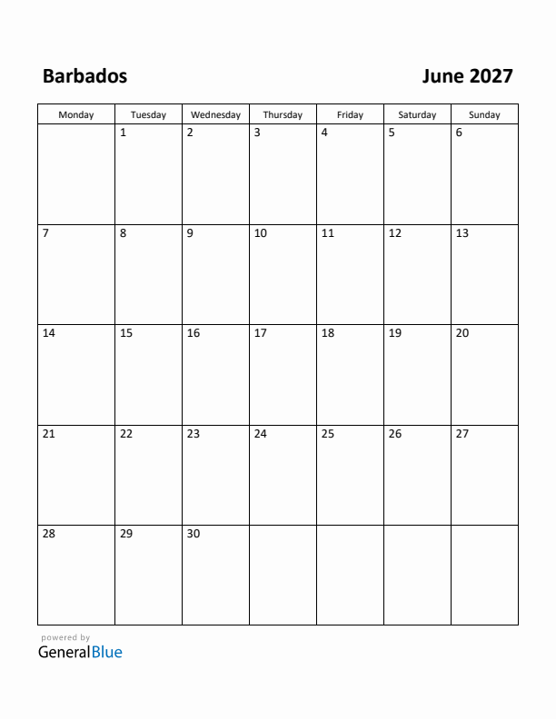 June 2027 Calendar with Barbados Holidays