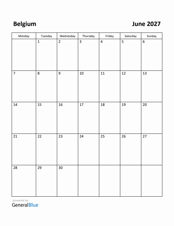 June 2027 Calendar with Belgium Holidays