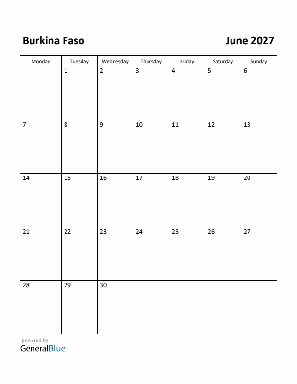 June 2027 Calendar with Burkina Faso Holidays