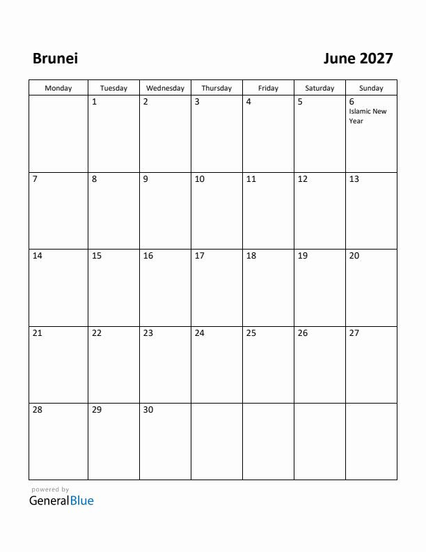 June 2027 Calendar with Brunei Holidays