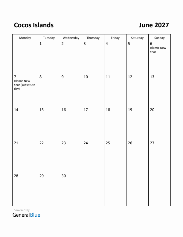 June 2027 Calendar with Cocos Islands Holidays