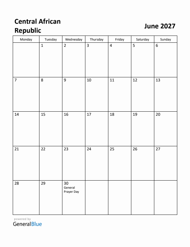 June 2027 Calendar with Central African Republic Holidays
