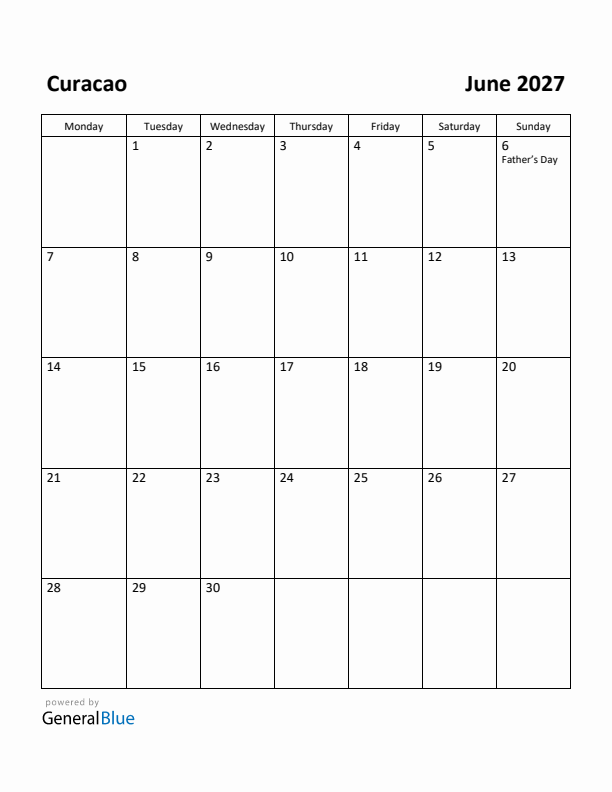 June 2027 Calendar with Curacao Holidays