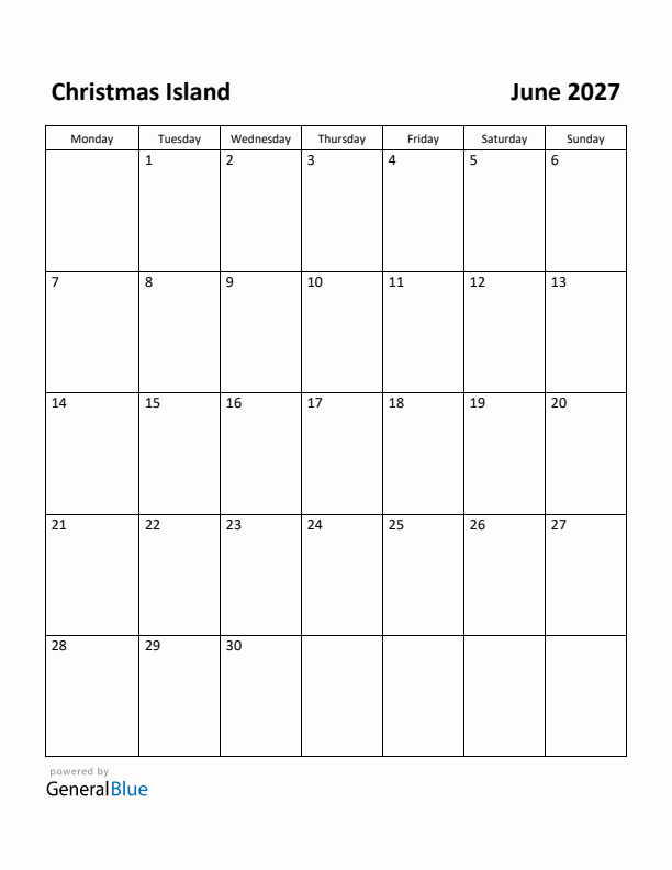 June 2027 Calendar with Christmas Island Holidays