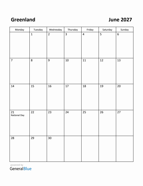 June 2027 Calendar with Greenland Holidays